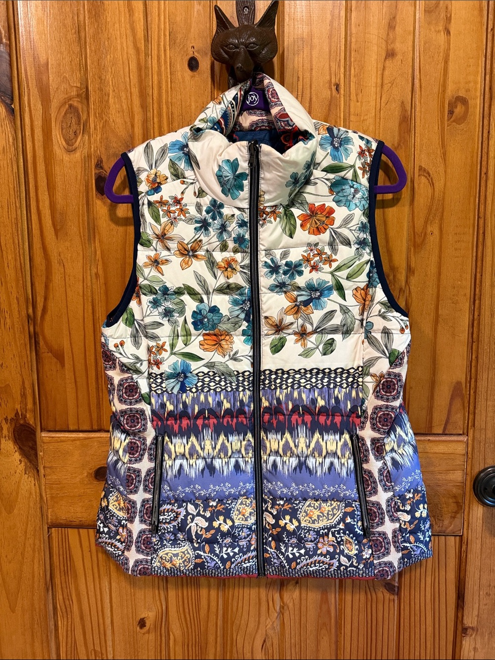 Johnny Was Cream Quilted Vest with Blue, Orange & Green Floral Print